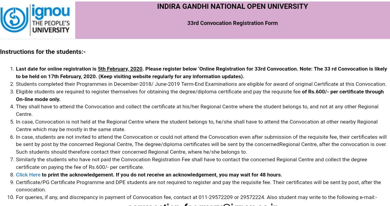 Registration Open For IGNOU's 33rd Convocation Programme 2020