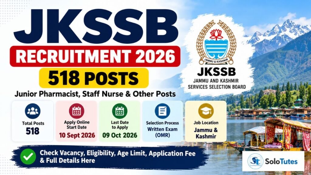 JKSSB Recruitment 2026: 518 Posts, Apply Online for Junior Pharmacist, Staff Nurse & Other Posts