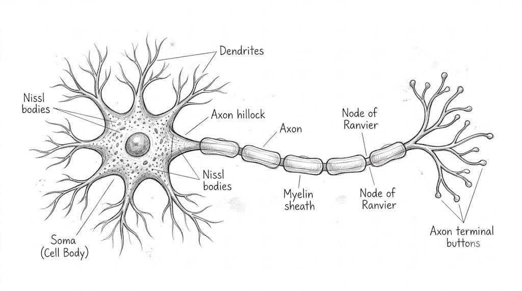 the graphite pencil sketch diagram illustrating the anatomy of a multipolar neuron