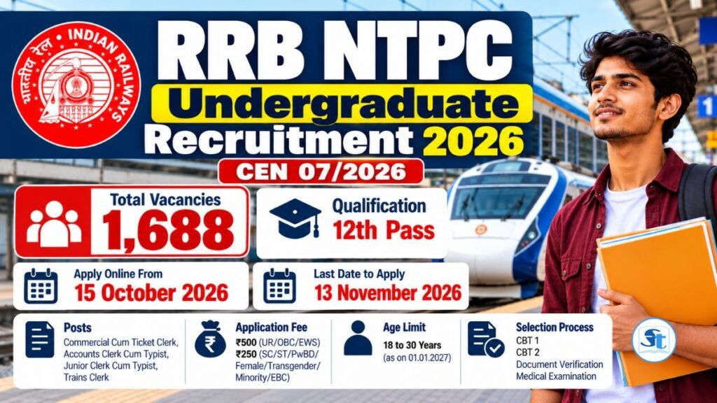 RRB NTPC Undergraduate Recruitment 2026: 1,688 Vacancies, 12th Pass Eligibility, Apply Online